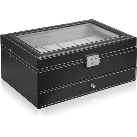 Leather Watch Box 12 Mens Watch Organizer with Jewelry Display Drawer Lockable - Picture 2 of 6